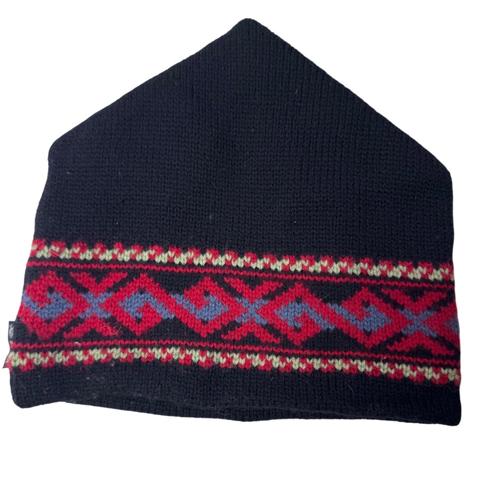 Igloos Wool Beanie Hat Fair Isle Red Blue Geometric USA Made Schuessler Knitting